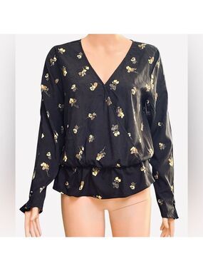 Chelsea28 Floral V-Neck Long Sleeve Black Blouse S
